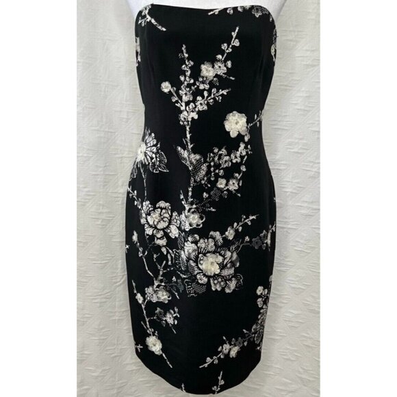 David Meister Sz 4 Black SILK Ivory Lace Floral Strapless Sheath Pencil Dress - Picture 7 of 11